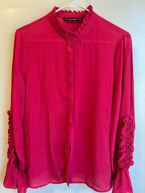 Zara Hot Pink Ruffle-Trim Long Sleeve Blouse